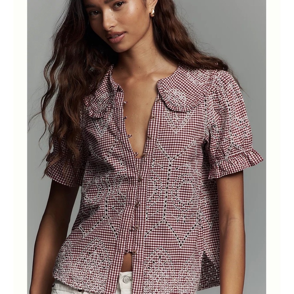 Pilcro Keira Gingham Eyelet Peter Pan Collar Puff Sleeve Red Top Large Anthropol